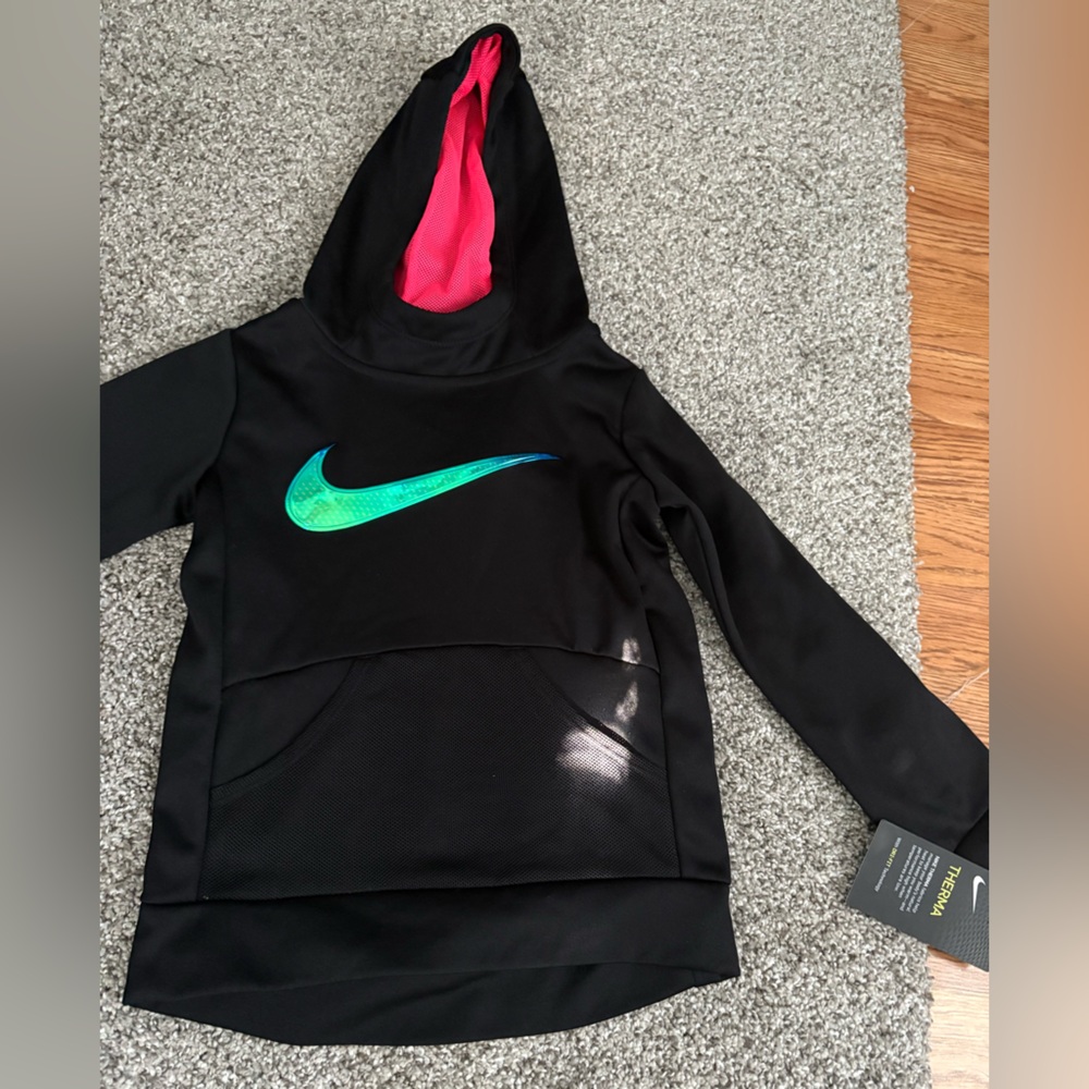 Nike Black Hoodie with Teal Swoosh and Pink Hood Lining